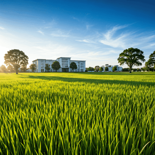 Lush green field with a modern building and trees under a clear blue sky.